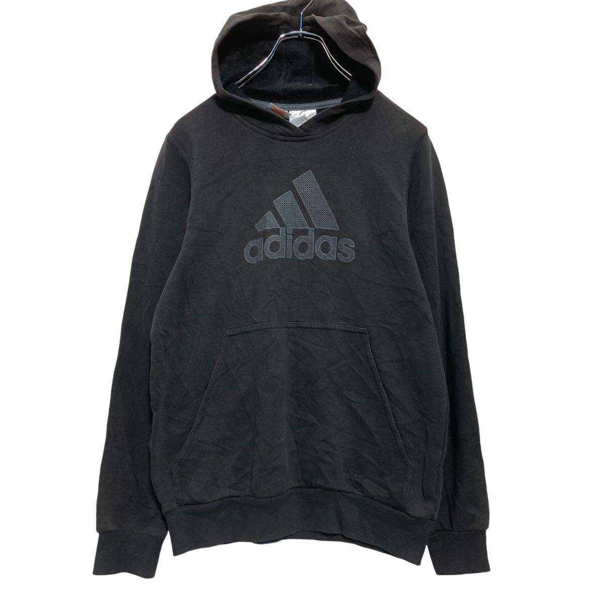 【中古】【古着】 adidas ロゴスウェット パーカー キッズ 160 ブラック アディダス 裏起毛 プルオーバー 古着卸 アメリカ仕入 a610-6059