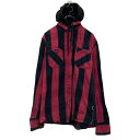 【中古】【古着】 長袖 ストライプ シャツ M サイズ レッド ブラック ツートーン フード付き ポケット付き 古着卸 アメリカ仕入 a610-6131