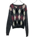 【中古】【古着】 MAURICES モヘア混紡 ニット セーター レディース S グレー ピンク ダイヤ柄 古着卸 アメリカ仕入 a610-6454