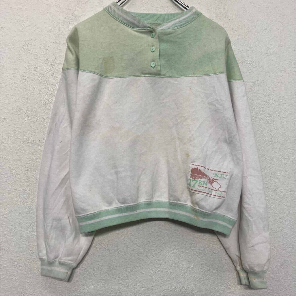 【中古】【古着】 DOWNHILL プリント スウェット トレーナー キッズ L ライトグリーン ホワイト ハーフボタン 古着卸 アメリカ仕入 a610-6744 2