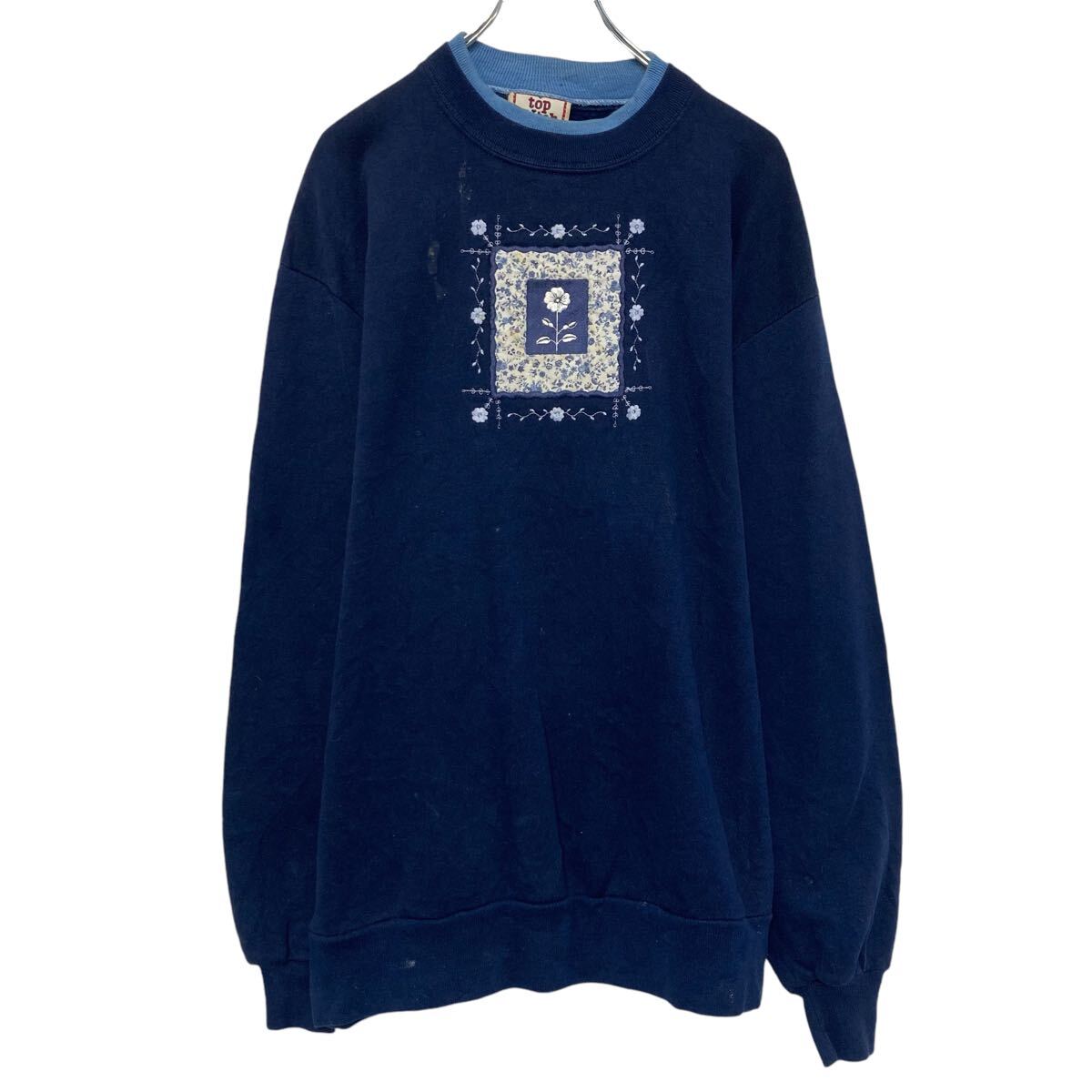 【中古】【古着】 Top stitch プリント スウェット トレーナー レディース L ネイビー ダブルネック プルオーバー 古着卸 アメリカ仕入 a610-6813