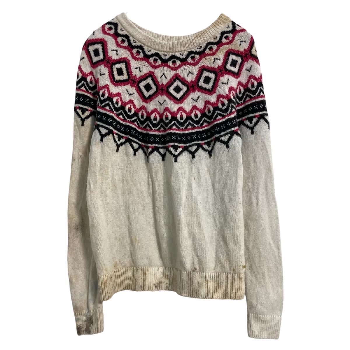 【中古】【古着】 TOMMY HILFIGER コットン混 ニット セーター レディース M ホワイト ラメピンク ブラック フェアアイル 古着卸 アメリカ仕入 a610-7001