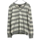 【中古】【古着】 TOMMY HILFIGER ニット セーター レディース M ホワイト グレー ボーダー トミーヒルフィガー Vネック 古着卸 アメリカ仕入 a610-7013