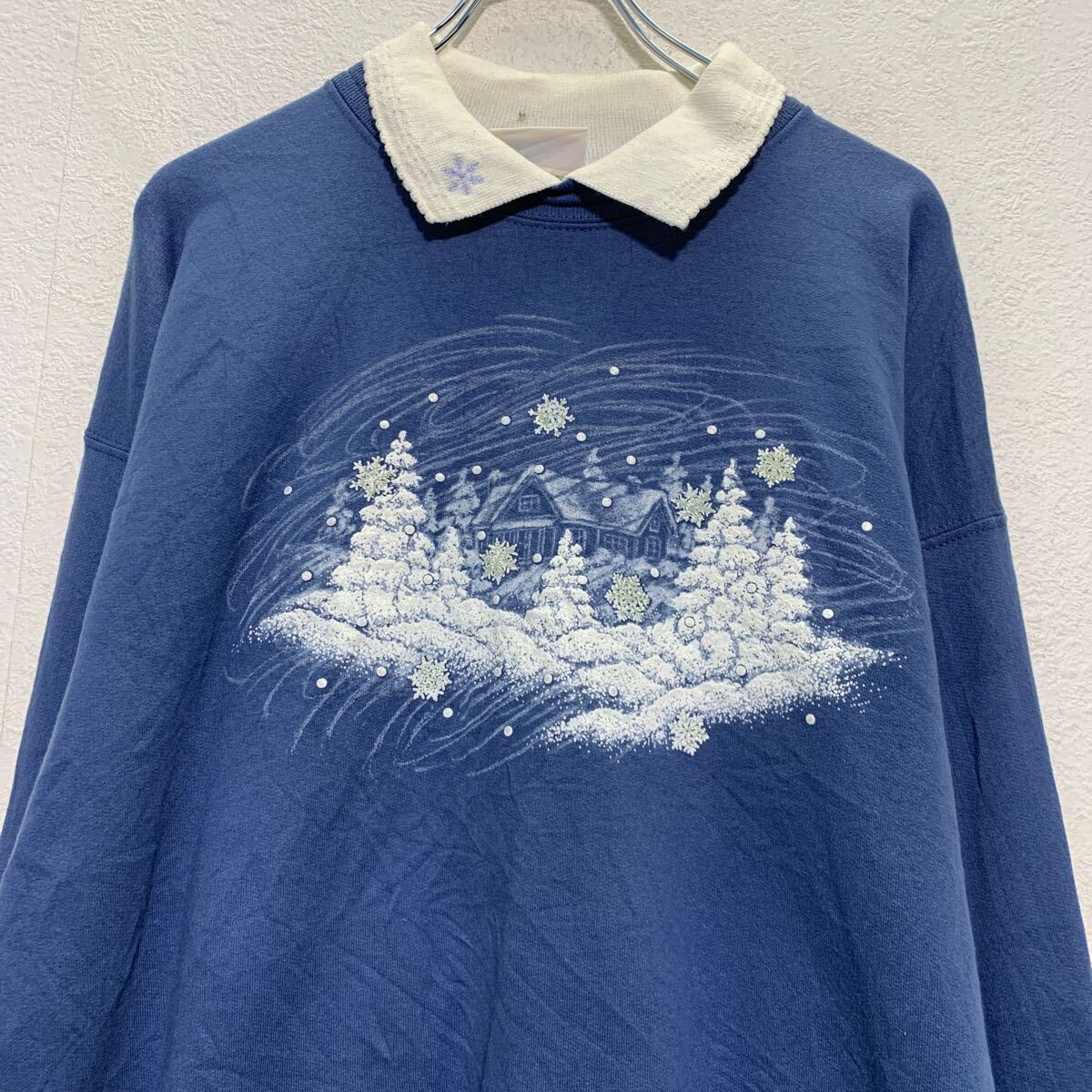 【中古】【古着】 プリント スウェット トレーナー L レディース ネイビー ホワイト プルオーバー 襟付き 雪 古着卸 アメリカ仕入 a610-7157