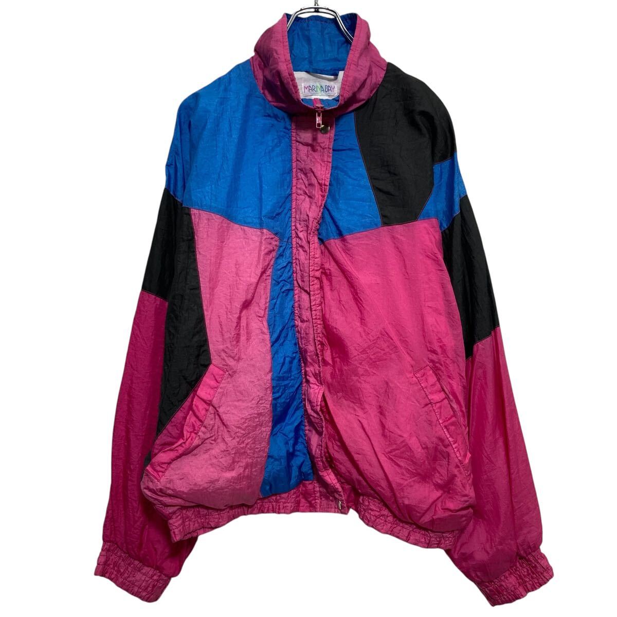 【中古】【古着】 MARINA BAY ナイロン ジャケット L ブルー ブラック ピンク ブルゾン スナップボタン フルジップ 古着卸 アメリカ仕入 a610-7220