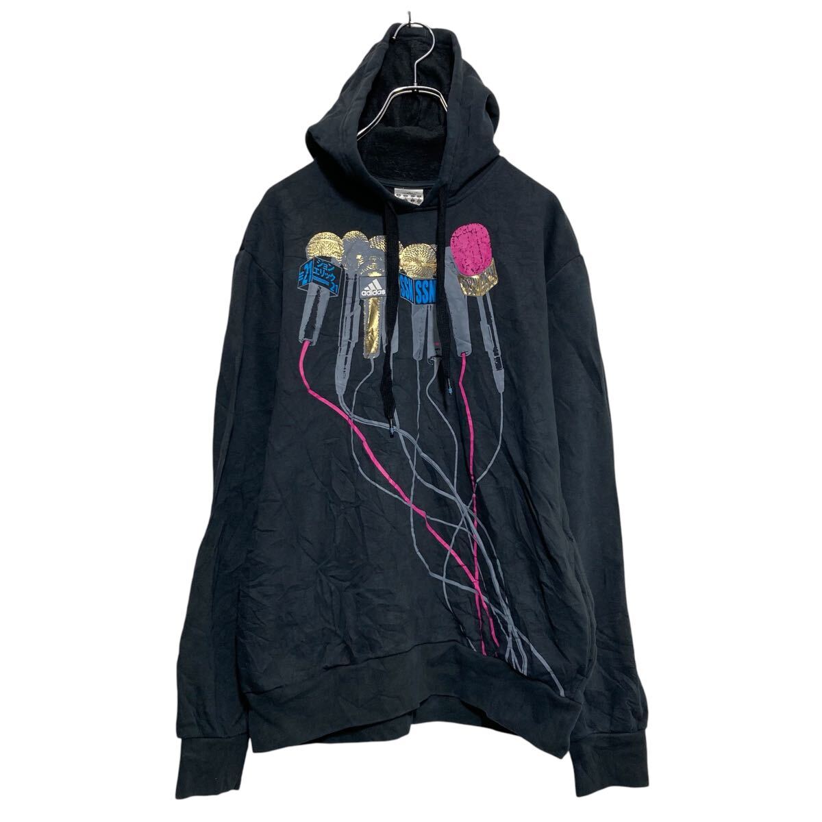 【中古】【古着】 adidas ロゴ スウェット パーカー アディダス M ブラック プルオーバー プリント ジョンエリック 古着卸 アメリカ仕入 a610-7597