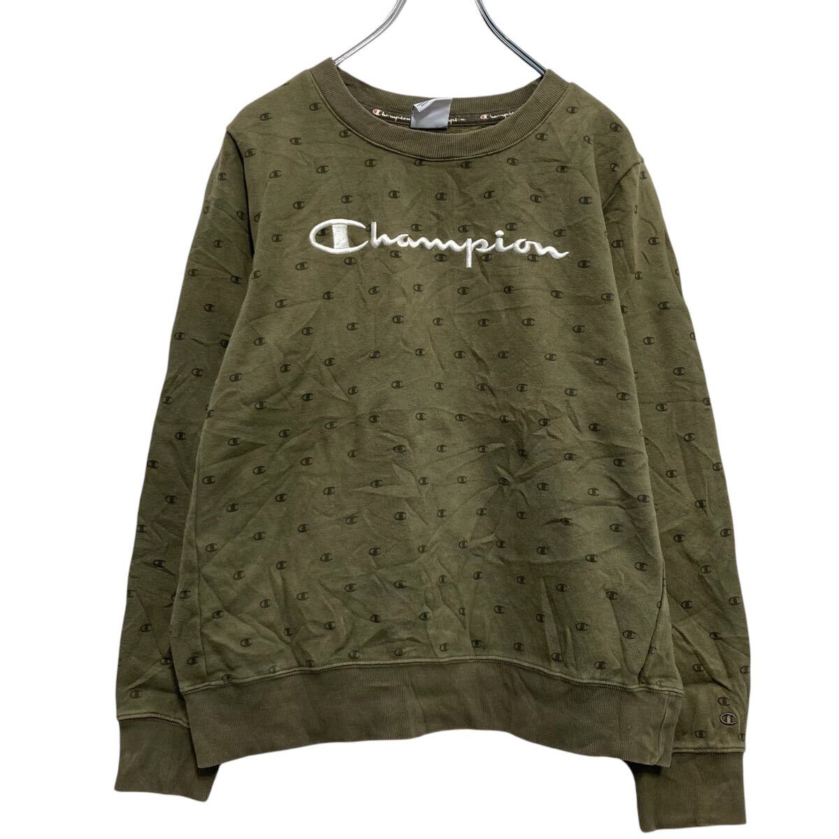 【中古】【古着】 champion ロゴスウェット トレーナー チャンピオン キッズ XL モスグリーン 総柄 刺繍 古着卸 アメリカ仕入 a610-7760