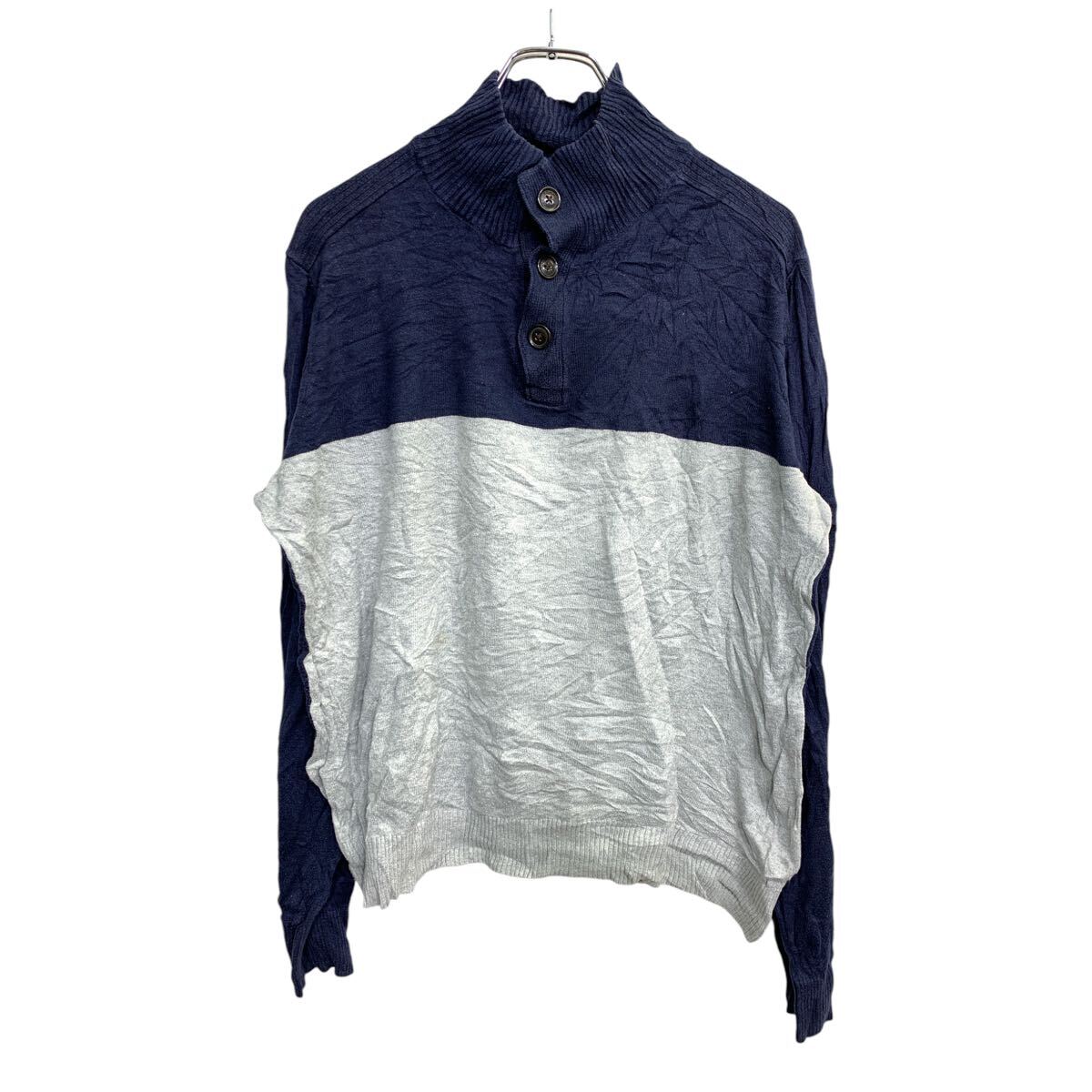 【中古】【古着】 TOMMY HILFIGER ニット セーター Lサイズ トミーヒルフィガー ハーフボタン ネイビー グレー 古着卸 アメリカ仕入 t2411-3406