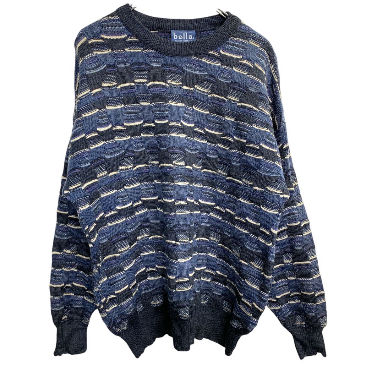 【中古】【古着】 bella ニット セーター Lサイズくらい 総柄 ネイビー 古着卸 アメリカ仕入 t2411-3466