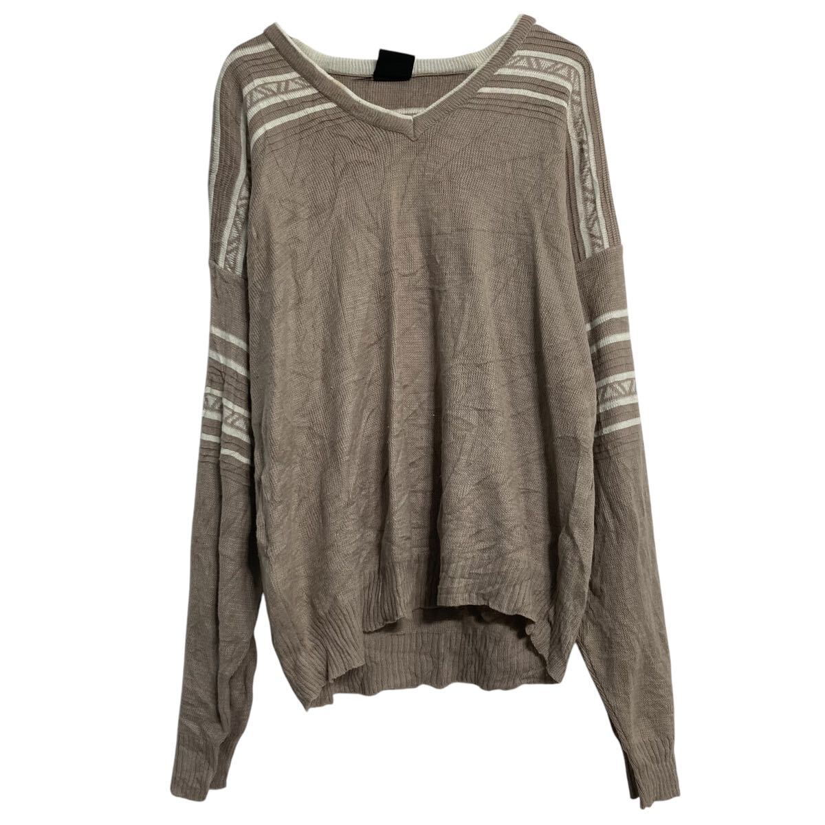 【中古】【古着】 ニット セーター レディース XL サーモンピンク ホワイト Vネック ビッグサイズ ライ..