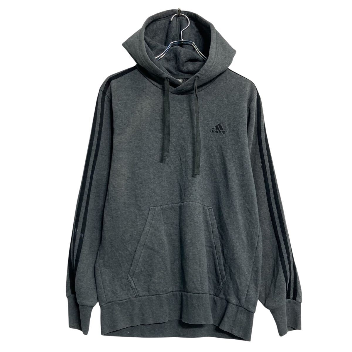 【中古】【古着】 adidas プリントスウェット パーカー アディダス M ダークグレー 裏起毛 プルオーバー 古着卸 アメリカ仕入 a611-6918