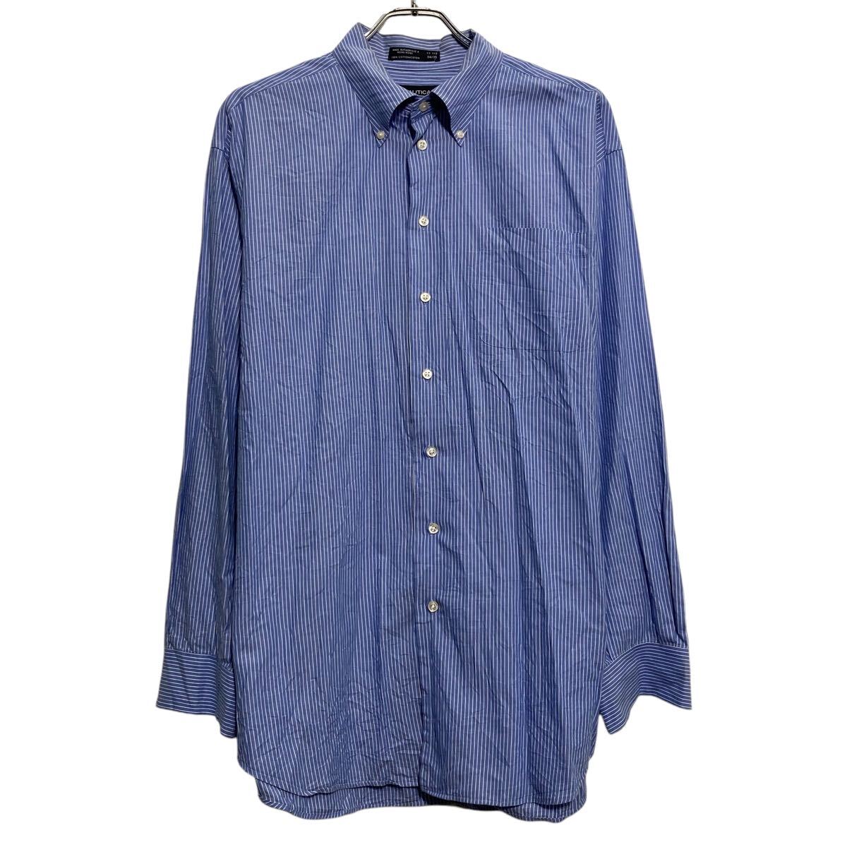 【中古】【古着】 NAUTICA 長袖 ストライプシャツ XL~ ブルー ビッグサイズ ノーティカ ポケット 古着卸 アメリカ仕入 a611-6958