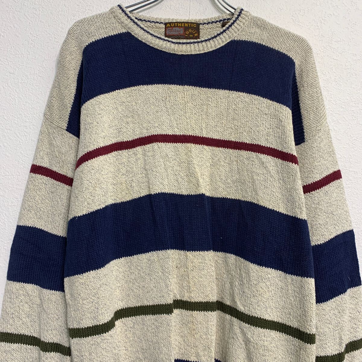 【中古】【古着】 コットンニット セーター M ホワイト ネイビー エンジ プルオーバー ボーダー 秋冬 古着卸 アメリカ仕入 a611-7190