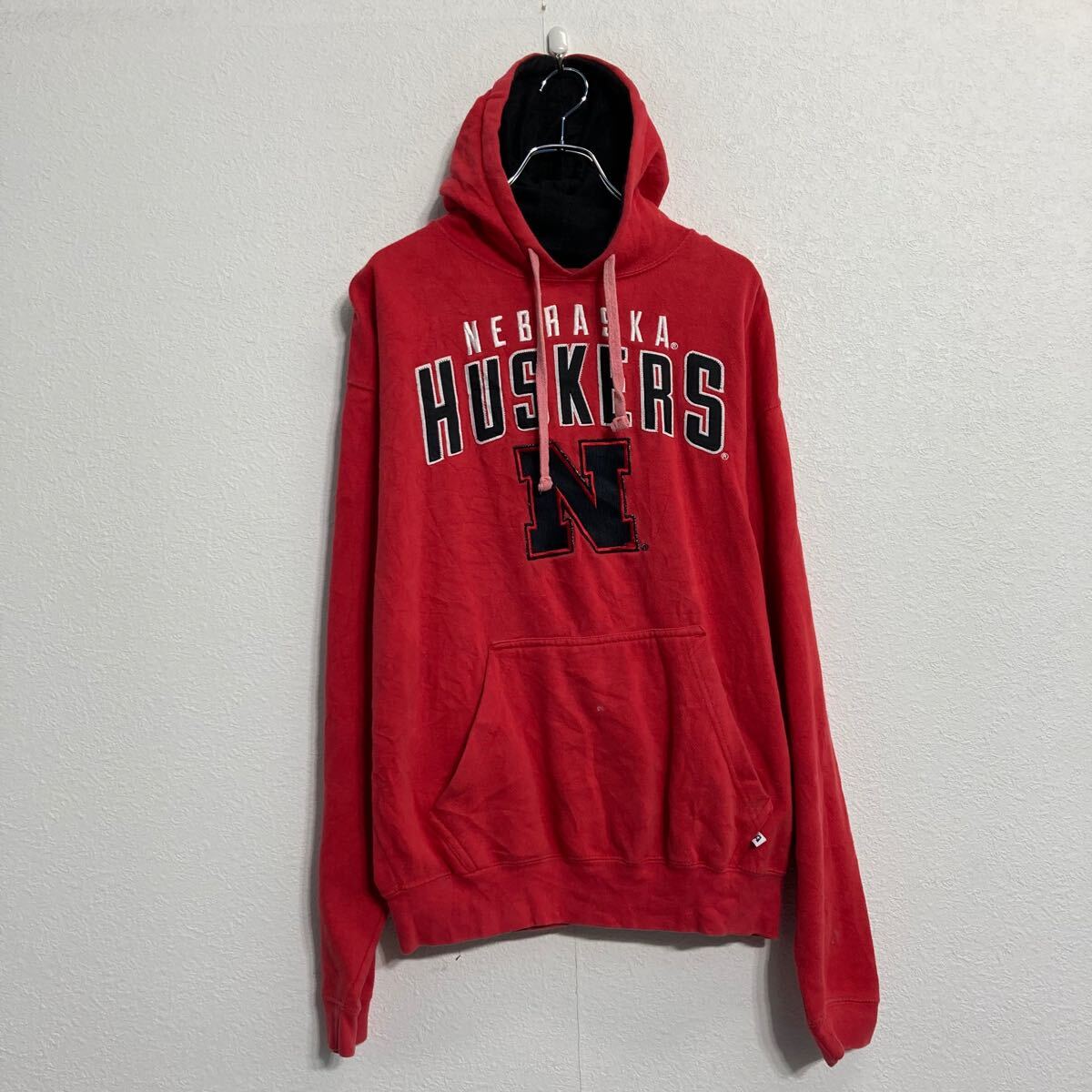 【中古】【古着】 J AMERICA プリントスウェット パーカー L レッド プルオーバー 裏起毛 古着卸 アメリカ仕入 a611-7351