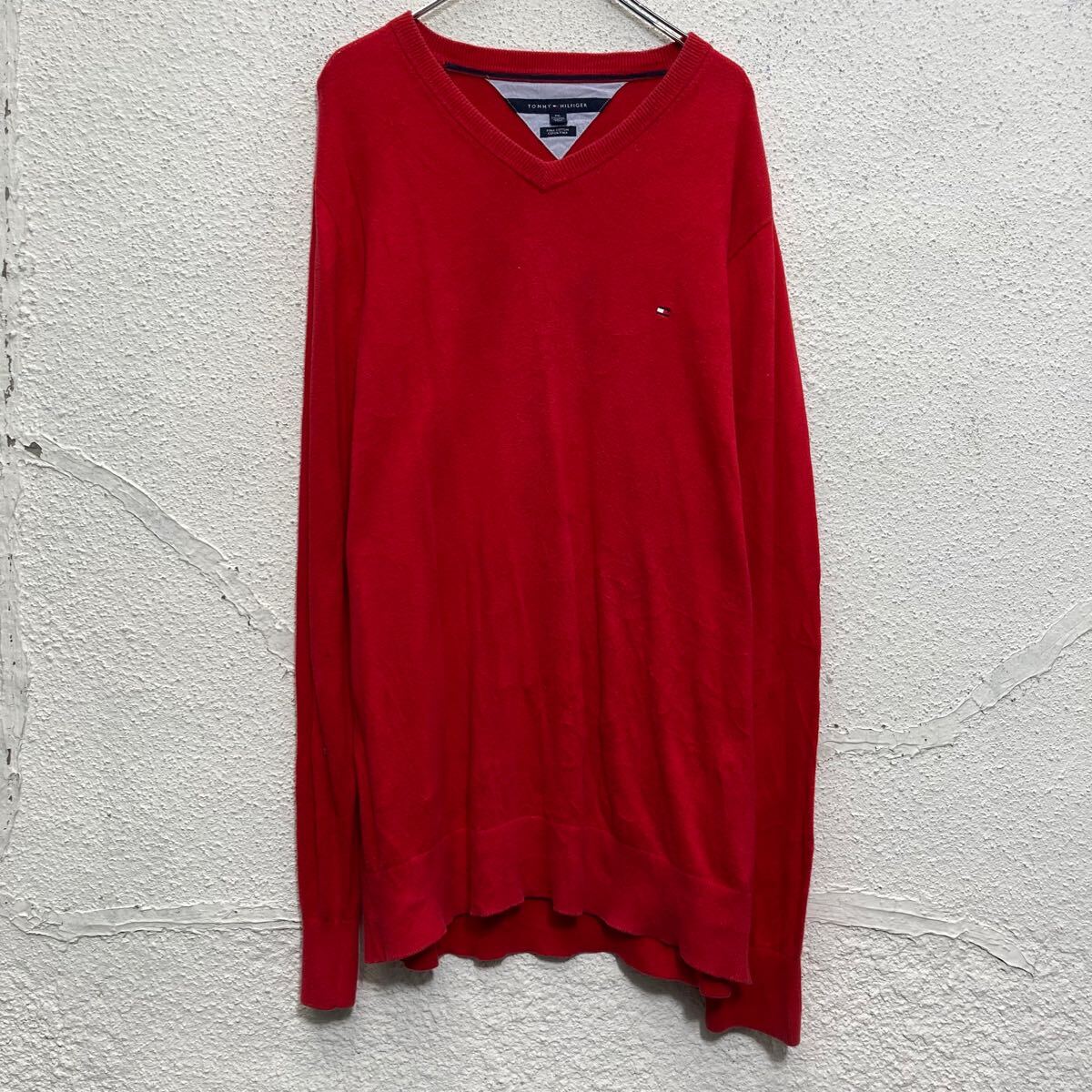 【中古】【古着】 TOMMY HILFIGER コットンニット セーター XXL レッド ビッグサイズ トミーフィルフィガー Vネック 古着卸 アメリカ仕入 a611-7442