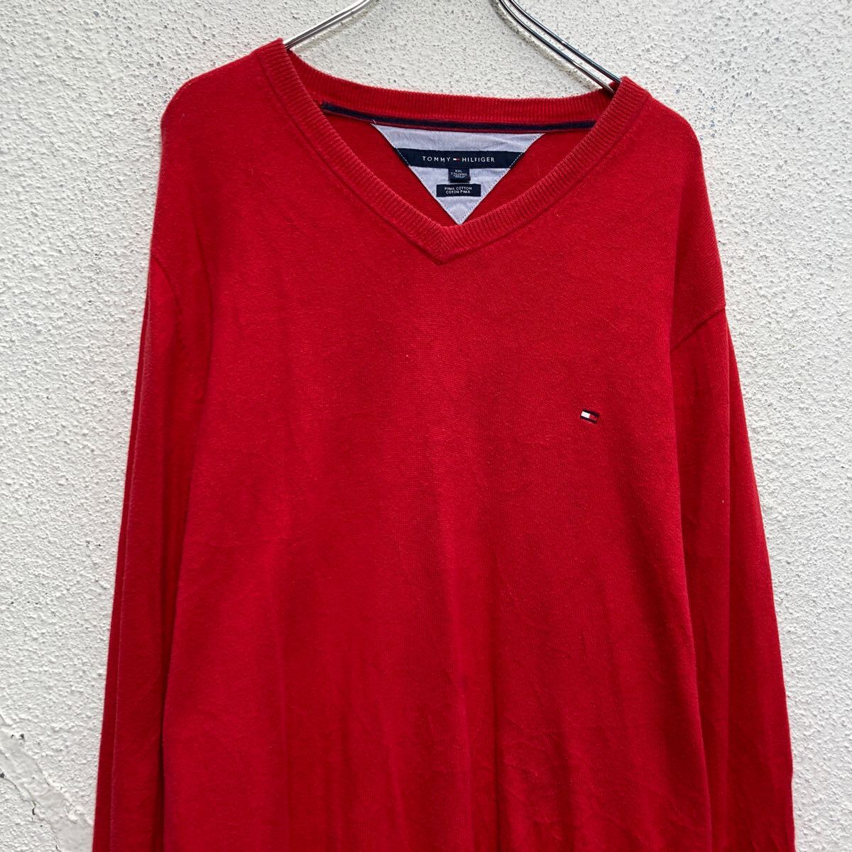 【中古】【古着】 TOMMY HILFIGER コットンニット セーター XXL レッド ビッグサイズ トミーフィルフィガー Vネック 古着卸 アメリカ仕入 a611-7442