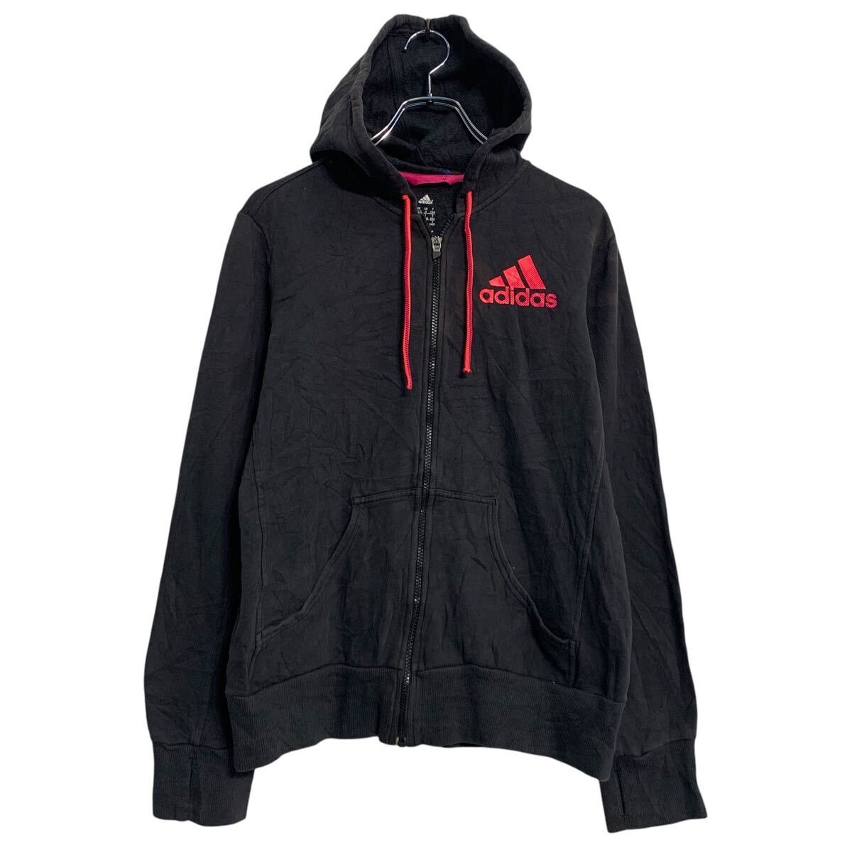 【中古】【古着】 adidas ロゴスウェット パーカー M ブラック ピンク アディダス ジップアップ スポーティー 古着卸 アメリカ仕入 a611-7588