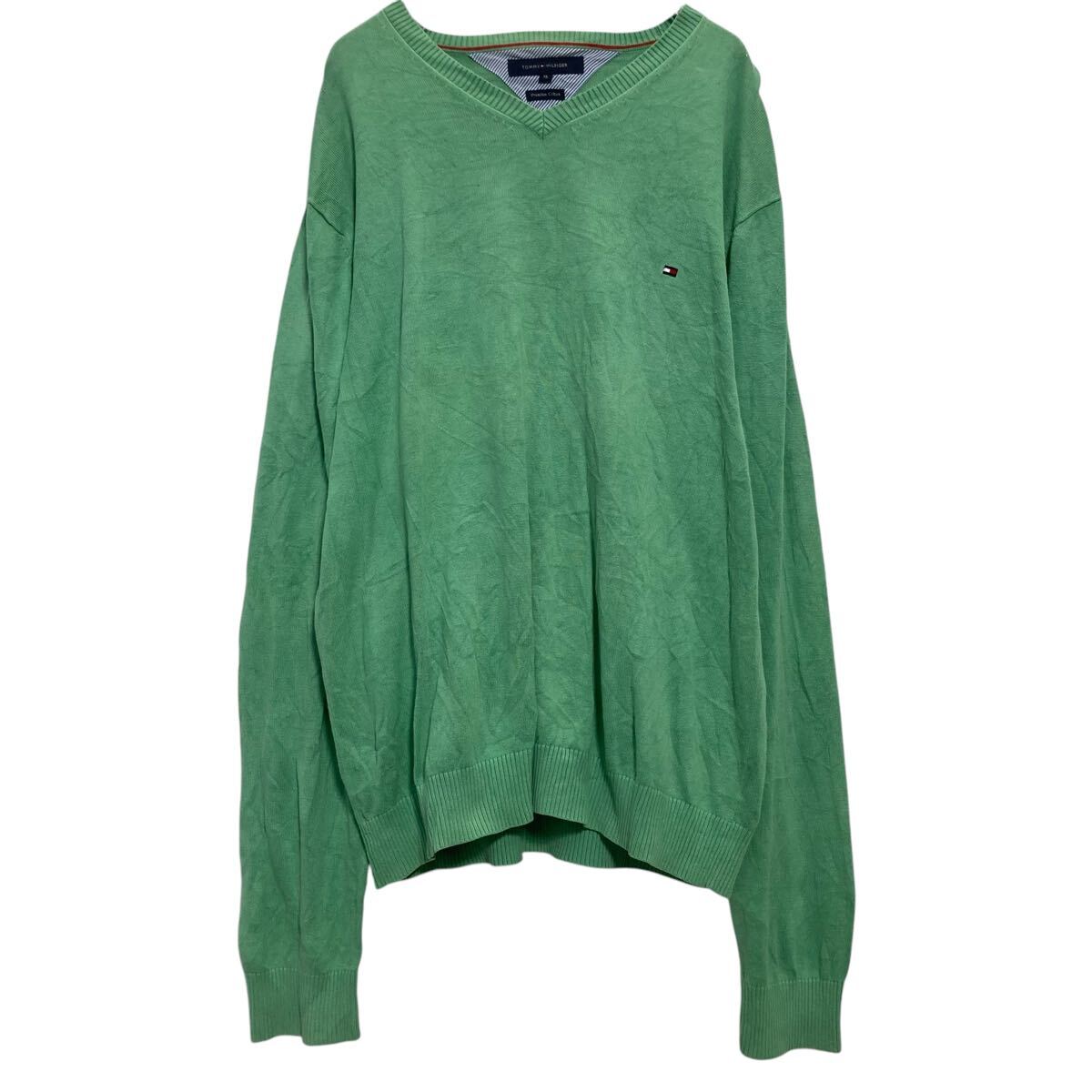 V-Neck - 【中古】【古着】 TOMMY HILFIGER コットン ニット セーター XL グリーン トミーヒルフィガー Vネック ビッグサイズ 古着卸 アメリカ仕入 a611-7746