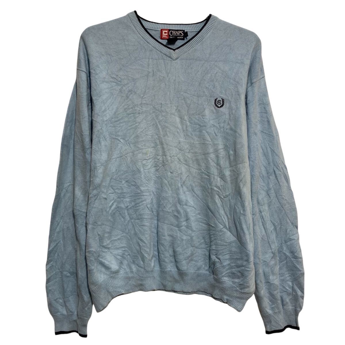 【中古】【古着】 CHAPS コットンニット セーター チャップス L ライトブルー Vネック プルオーバー 古着卸 アメリカ仕入 a611-7874