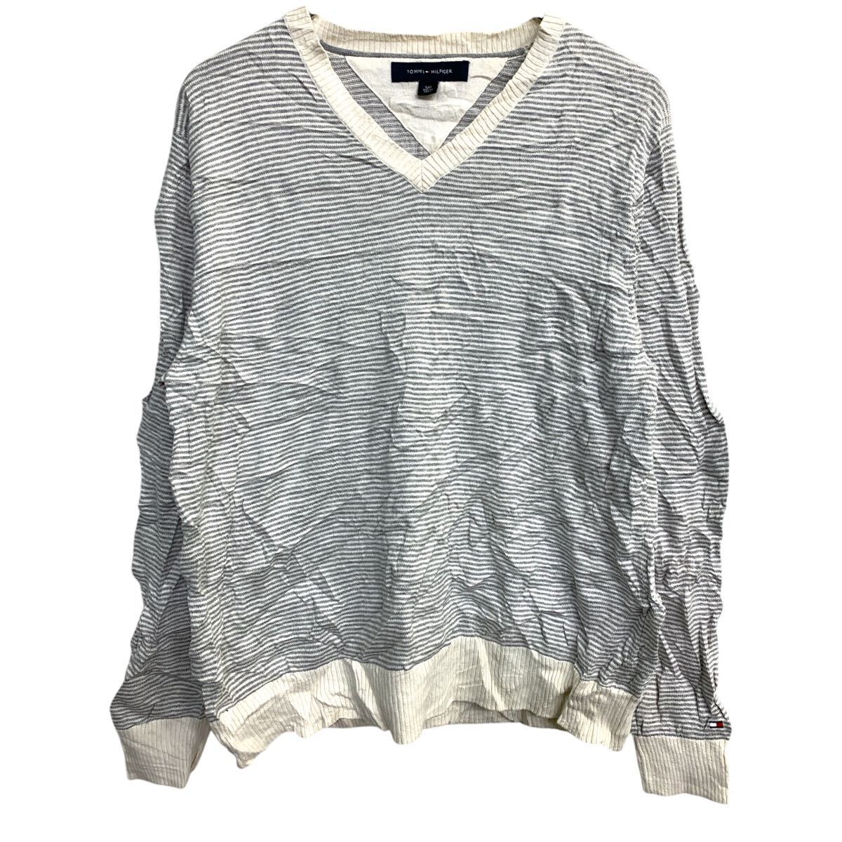 【中古】【古着】 TOMMY HILFIGER ニット セーター Sサイズ トミーヒルフィガー Vネック グレー ボーダー 古着卸 アメリカ仕入 t2411-3832