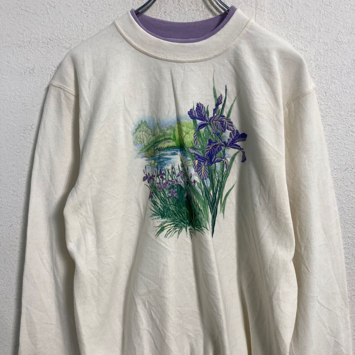 【中古】【古着】 TOP STITCH ロゴスウェット トレーナー レディース S ホワイト パープル ダブルネック プルオーバー 裏起毛 古着卸 アメリカ仕入 a611-8015