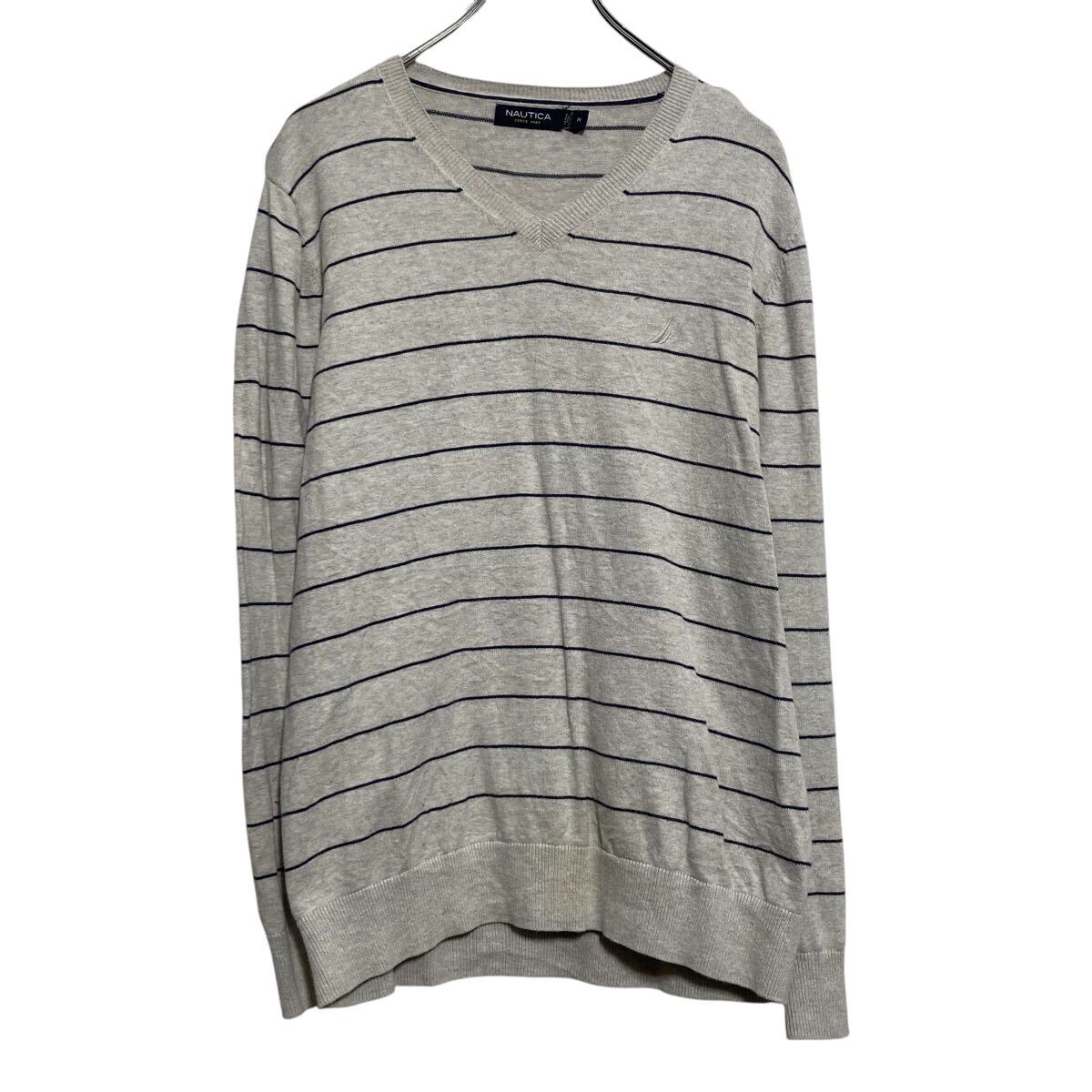【中古】【古着】 NAUTICA コットンニット セーター ノーティカ M ライトグレー ボーダー Vネック 古着卸 アメリカ仕入 a611-8058
