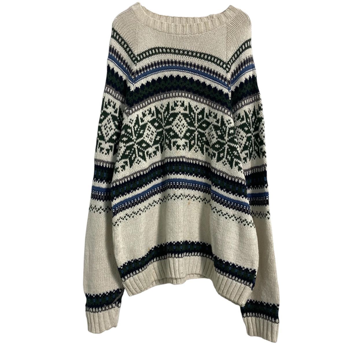 【中古】【古着】 LIBERTY コットン混 ニット セーター L アイボリー グリーン リバティ ノルディック マルチカラー USA製 古着卸 アメリカ仕入 a611-8065