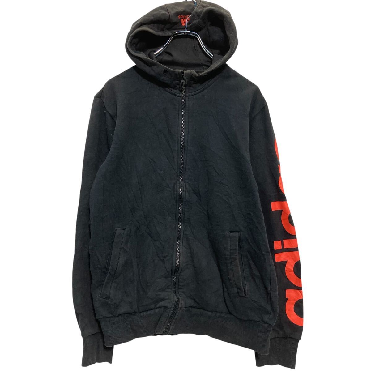 【中古】【古着】 adidas ジップアップ プリントスウェット パーカー M〜 ブラック ネオンオレンジ アディダス 袖プリント 古着卸 アメリカ仕入 a611-8216