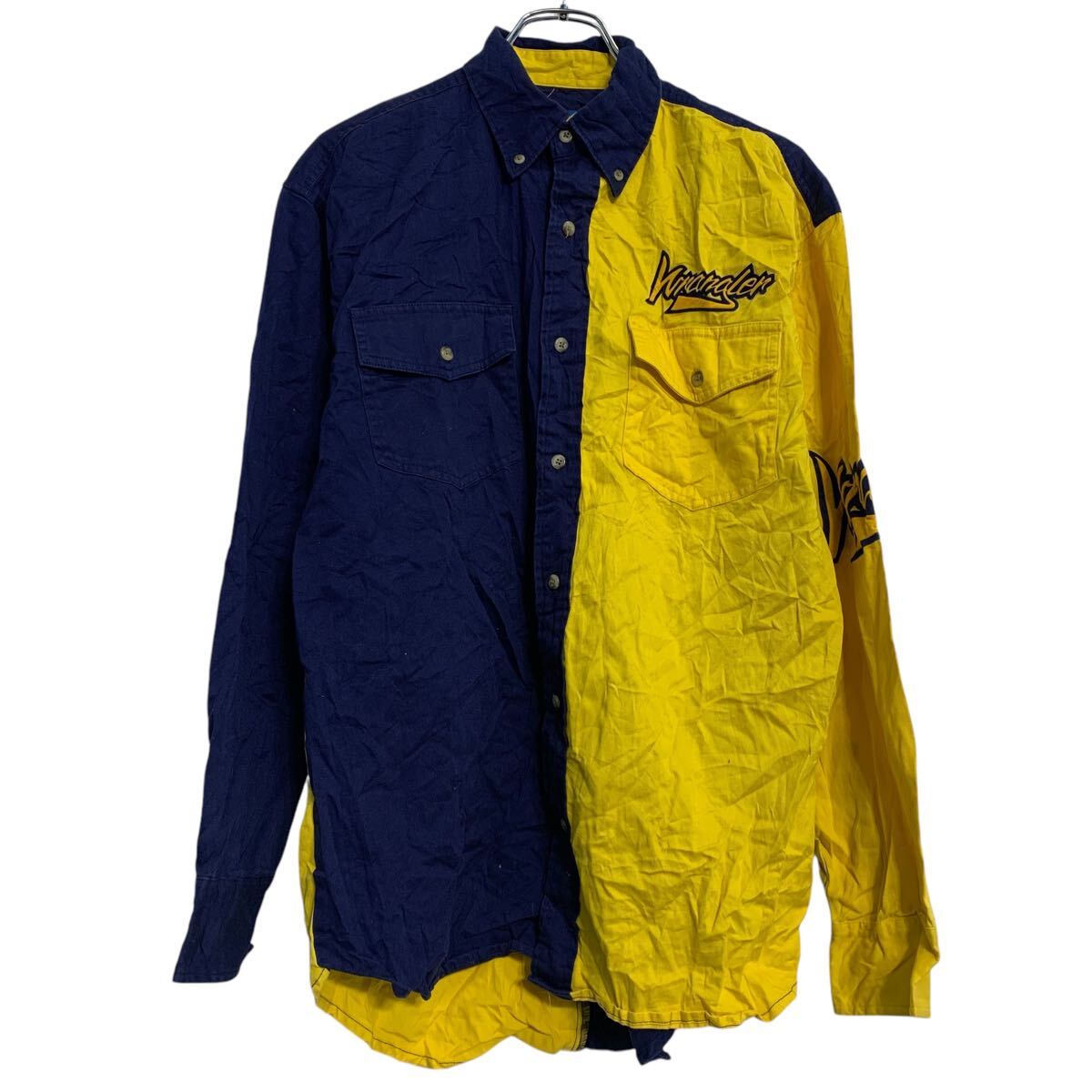 【中古】【古着】 Wrangler 長袖 無地シャツ M ネイビー イエロー ラングラー ボタンダウン ツートン アームプリント 古着卸 アメリカ仕入 a611-8590