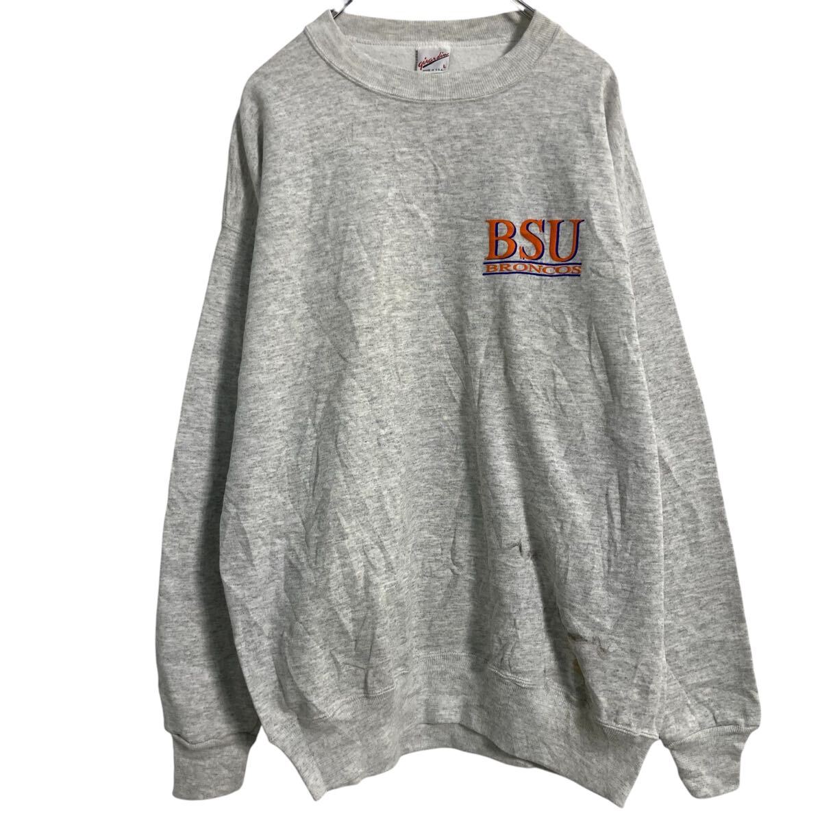 【中古】【古着】 Girardin プリントスウェット トレーナー L ライトグレー オレンジ ロゴ プルオーバー 裏起毛 USA製 古着卸 アメリカ仕入 a612-5095