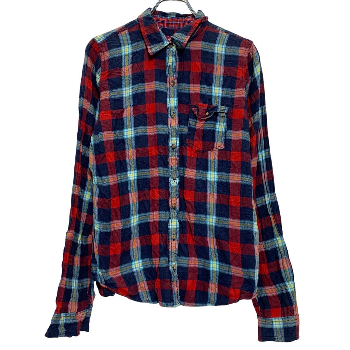 【中古】【古着】 長袖 チェックシャツ L ネイビー レッド マルチカラー ボタン 胸ポケット カジュアルシャツ 古着卸 アメリカ仕入 a61..