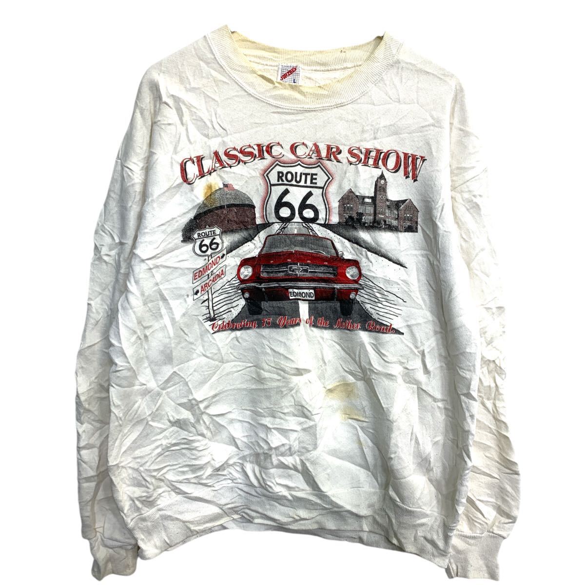 【中古】【古着】 JERZEES プリント スウェット トレーナー Lサイズ ジャージーズ ホワイト USA製 古着卸 アメリカ仕入 t2412-3059