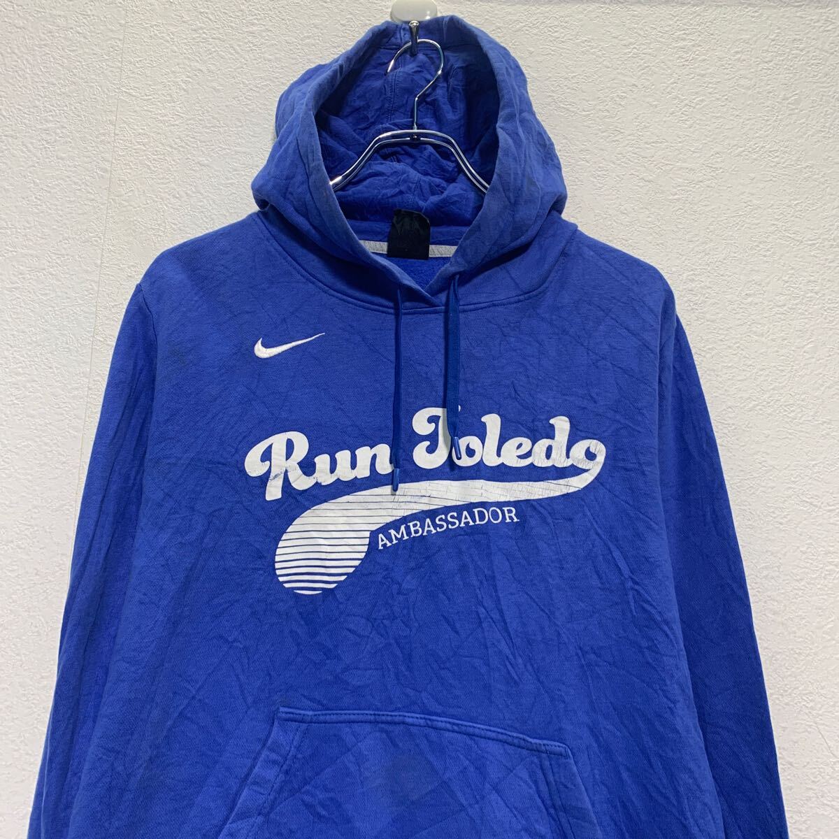 【中古】【古着】 NIKE プリントスウェット パーカー M ブルー ホワイト ナイキ プルオーバー カンガルーポケット 古着卸 アメリカ仕入 a612-5273