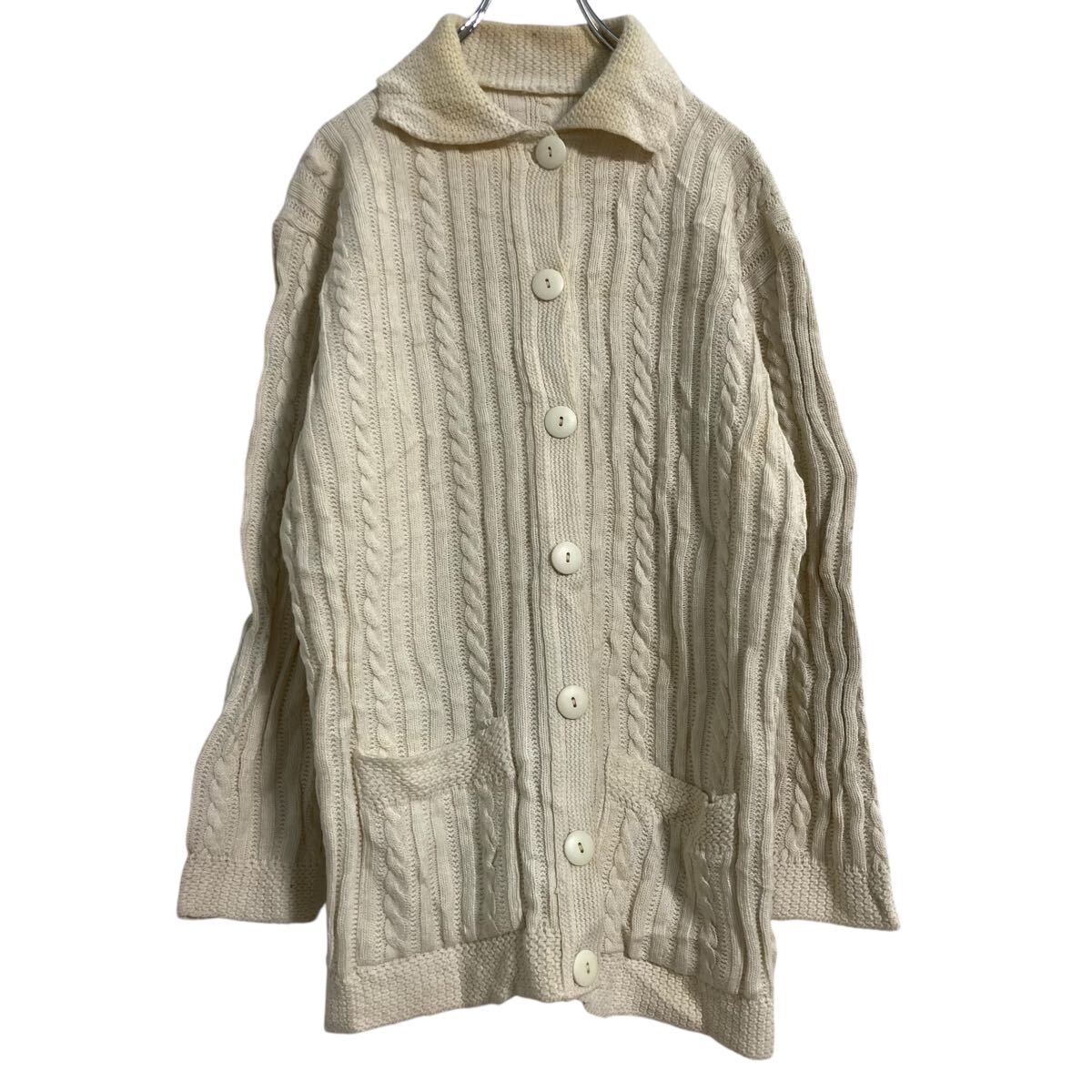 Three-Quarter Knit - 【中古】【古着】 アクリル混紡 ニット セーター カーディガン レディース 2XL〜 アイボリー ケーブル編み ストライプ 古着卸 アメリカ仕入 a612-5479