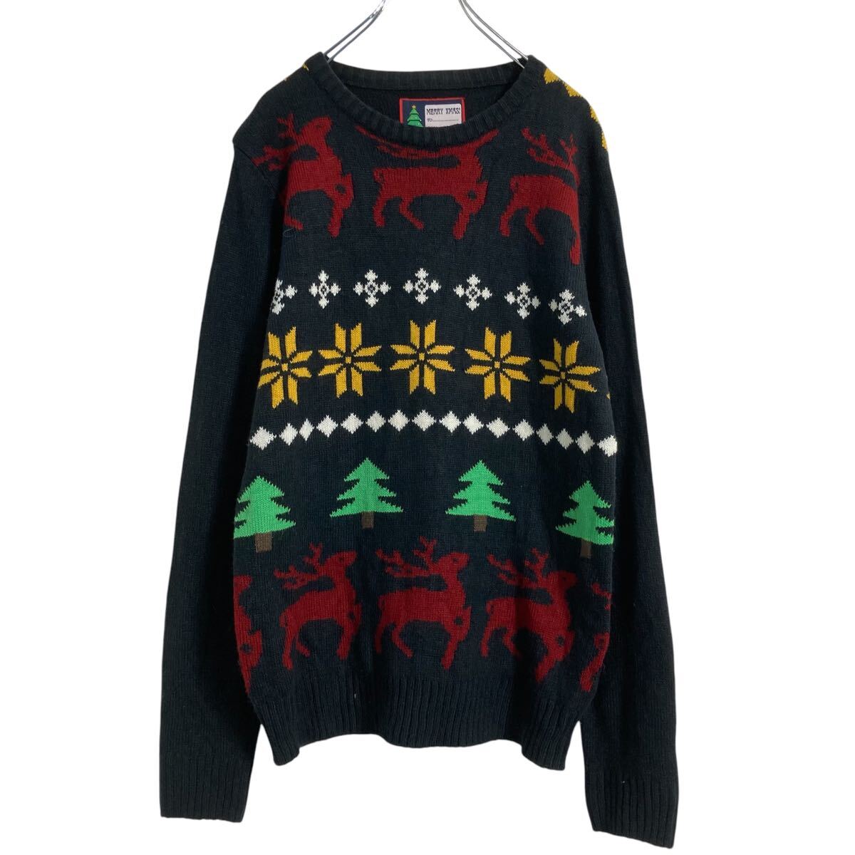 【中古】【古着】 MERRY XMAS! アクリル ニット セーター M ネイビー クリスマス柄 古着卸 アメリカ仕入 a612-5510