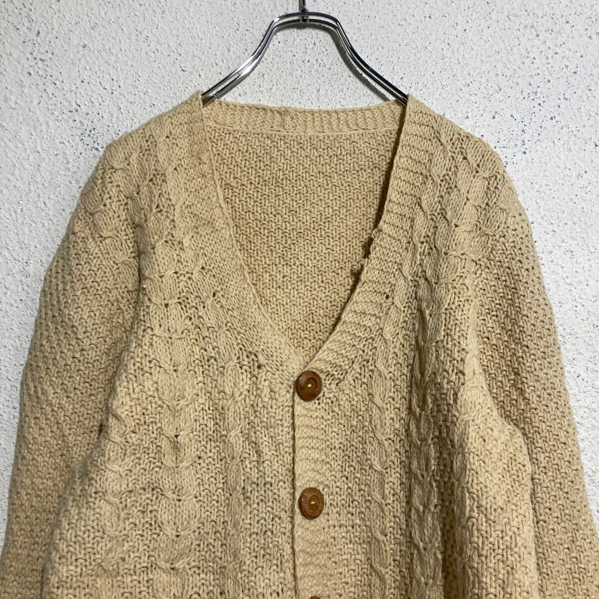 【中古】【古着】 ケーブル編み ニット セーター カーディガン L〜 ライトベージュ ハンドメイド 古着卸 アメリカ仕入 a612-5596