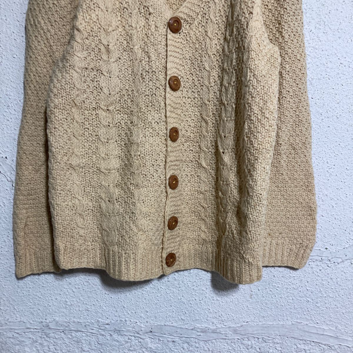 【中古】【古着】 ケーブル編み ニット セーター カーディガン L〜 ライトベージュ ハンドメイド 古着卸 アメリカ仕入 a612-5596
