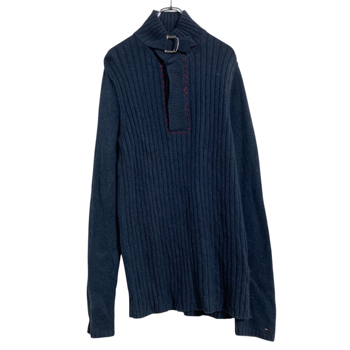【中古】【古着】 TOMMY HILFIGER ニット セーター L ネイビー トミーヒルフィガー ハーフボタモックネック 古着卸 アメリカ仕入 a612-5673