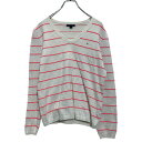 【中古】【古着】 コットン混紡 TOMMY HILFIGER ニット セーター レディース M ホワイト ネオンピンク ボーダー 古着卸 アメリカ仕入 a612-6093