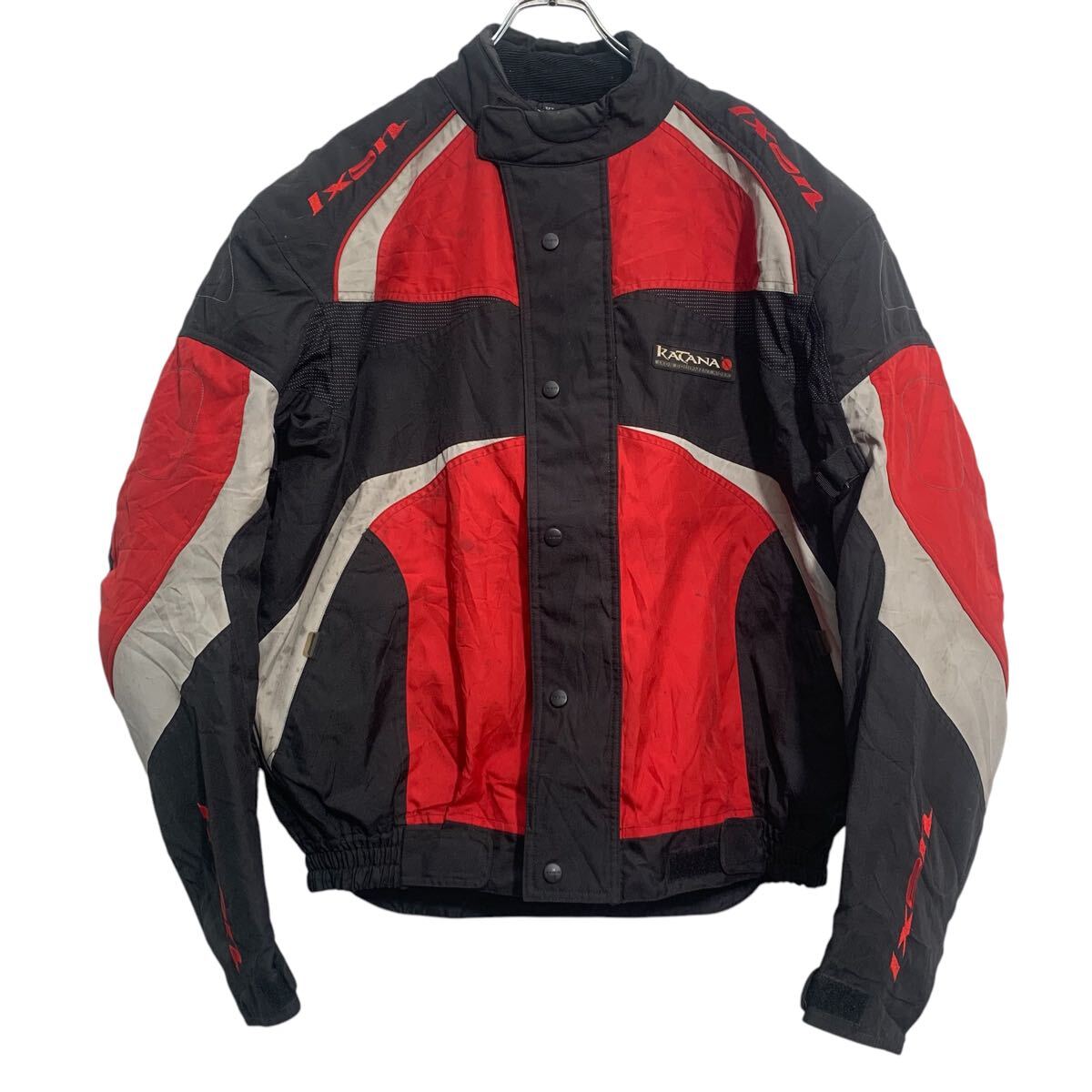 【中古】【古着】 モーターサイクルジャケット XXL ブラック レッド ジップアップ ビッグサイズ バックプリント レーシング 古着卸 ア..