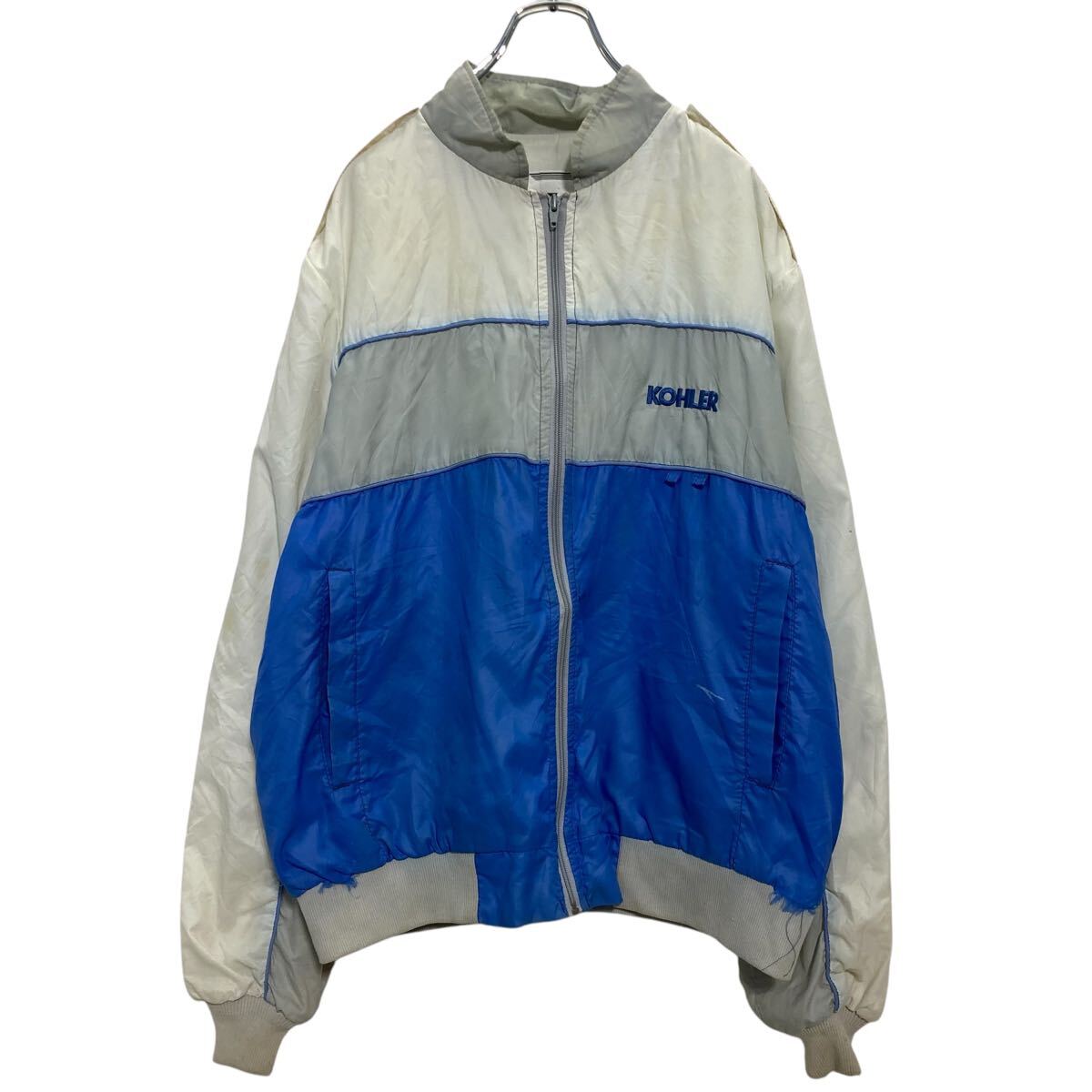 【中古】【古着】 K-BRAND ジップアップ ナイロンジャケット L ライトグレー ブルー ホワイト 切替 ロゴ刺繍 古着卸 アメリカ仕入 a612-6940