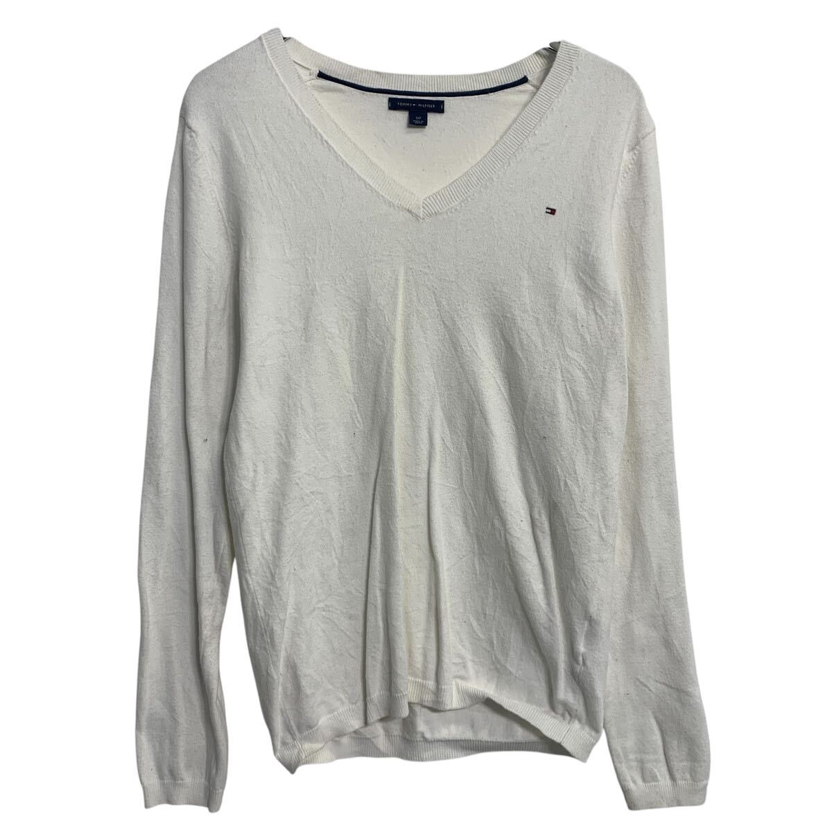 【中古】【古着】 TOMMY HILFIGER ニット セーター コットン混 S ホワイト トミーヒルフィガー プルオーバー Vネック ロゴ 古着卸 アメリカ仕入 a612-6985