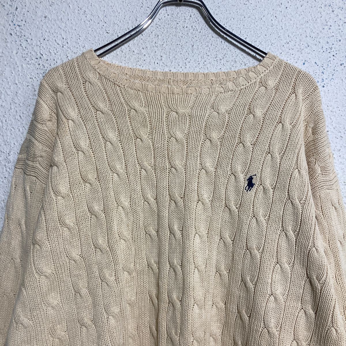 【中古】【古着】 コットン ケーブルニット セーター 2XL〜 アイボリー ビッグサイズ ワンポイントロゴ 古着卸 アメリカ仕入 a612-7280