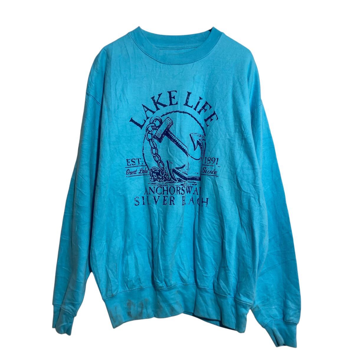 【中古】【古着】 PACIFIC&CO. プリントスウェット トレーナー L ライトブルー 裏起毛 アンカー 古着卸..