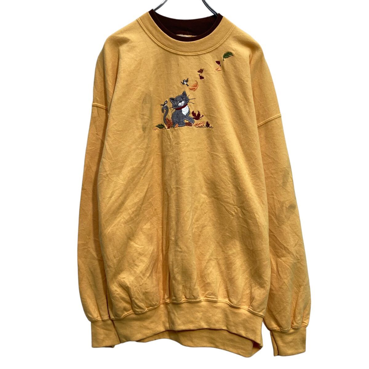 Rakuten - 【中古】【古着】 刺繍スウェット トレーナー XL~ イエロー ダブルネック ビッグサイズ イラスト 古着卸 アメリカ仕入 a612-7484
