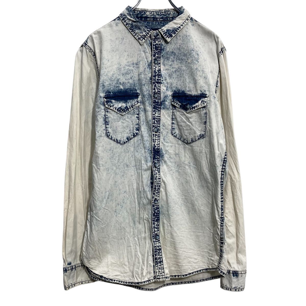 【中古】【古着】 Bershka 長袖 無地シャツ ベルシュカ S ホワイト ブルー ケミカルウォッシュ ポケット 古着卸 アメリカ仕入 a612-7528