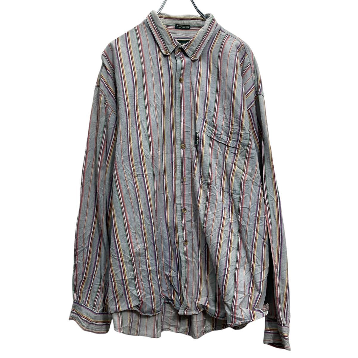 Rakuten - 【中古】【古着】 Seventi 長袖 ストライプシャツ XL グレー マルチカラー ボタンダウン ポケット 古着卸 アメリカ仕入 a612-7531