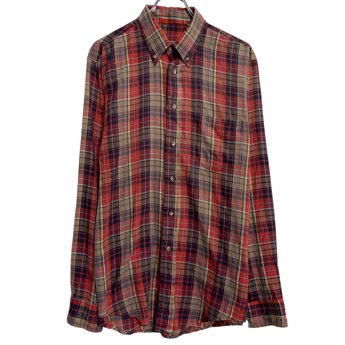 Men's Clothing - 【中古】【古着】 長袖 チェックシャツ L 程 レッド ネイビー マルチカラー ボタンダウン 胸ポケット カジュアルシャツ 薄手 古着卸 アメリカ仕入 a612-7691