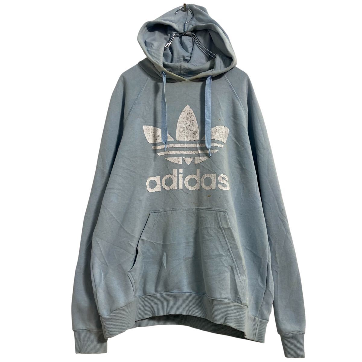 【中古】【古着】 adidas ロゴスウェット パーカー M ライトブルー アディダス スポーツ プルオーバー 裏起毛 ポケット付き 古着卸 アメリカ仕入 a612-7978