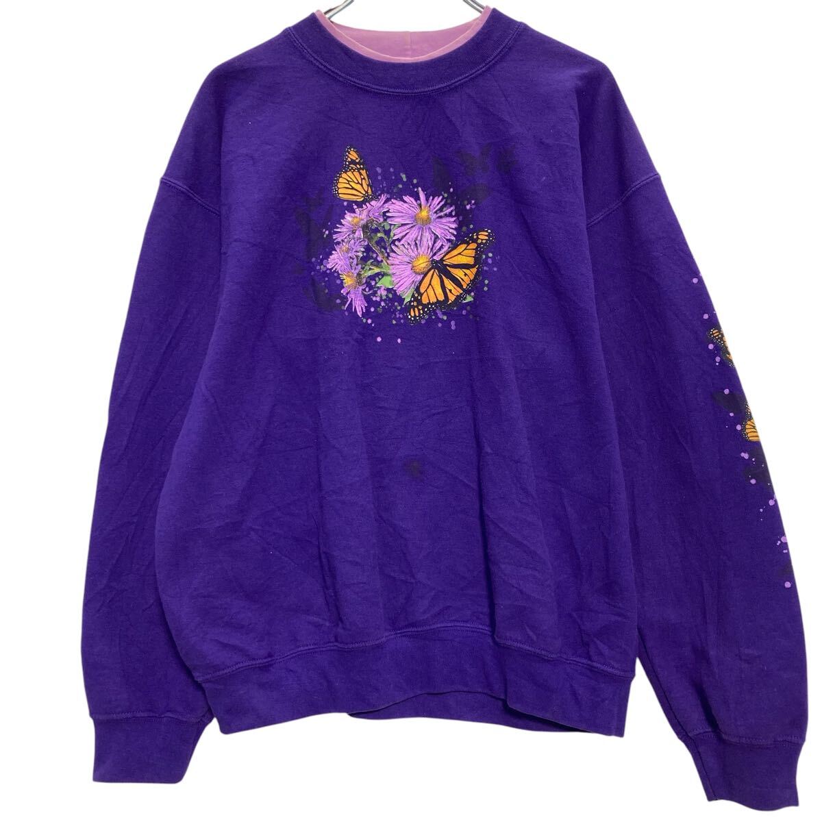 【中古】【古着】 artisans プリントスウェット トレーナー M パープル プルオーバー ダブルネック 古着卸 アメリカ仕入 a612-8191